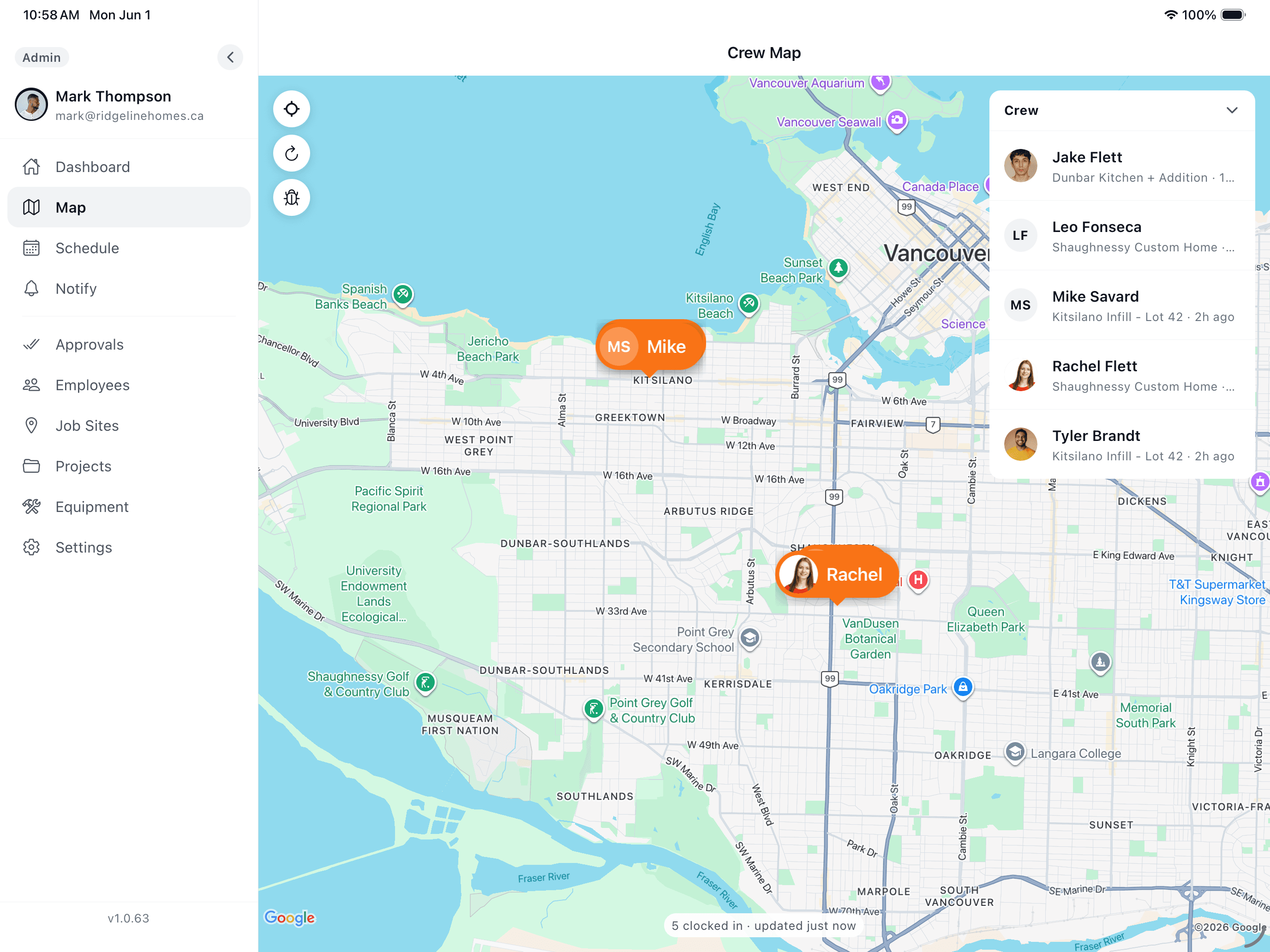 WorkxPro crew map on an iPad