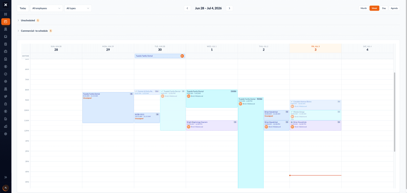 WorkxPro dispatch calendar week view with client visits scheduled across the week