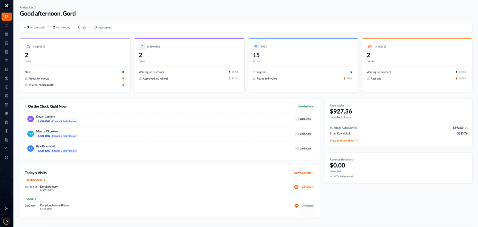 WorkxPro dashboard showing open requests, estimates, jobs, and invoices, plus which techs are clocked in and today's visits