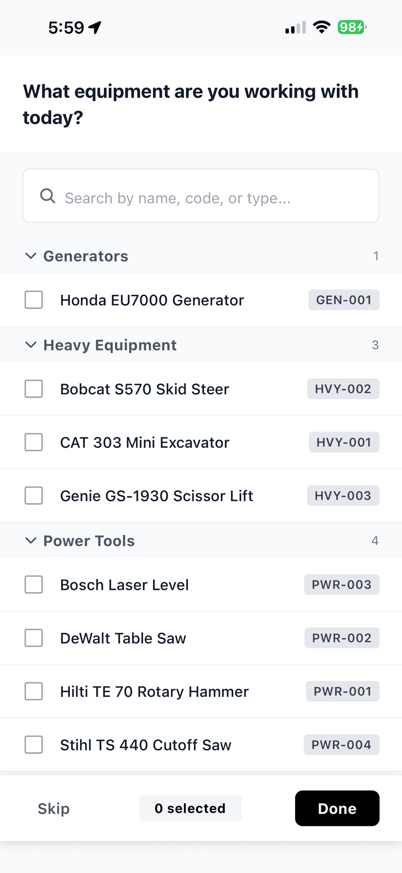 WorkxPro equipment selection — workers select equipment before clocking in