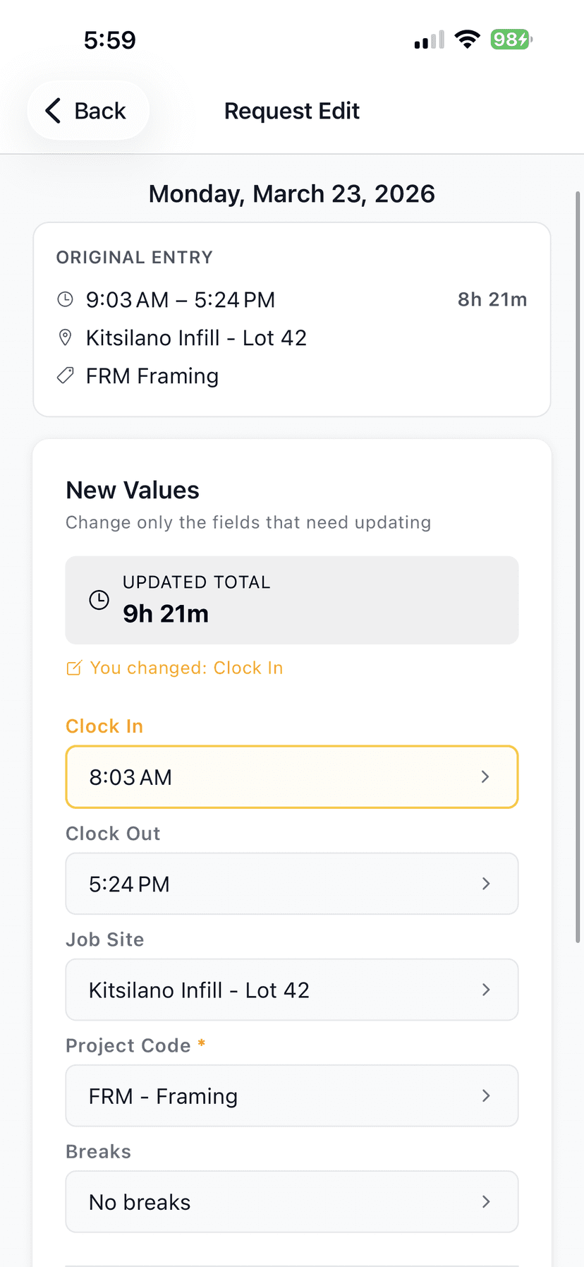 WorkxPro edit request — workers submit corrections directly from the app