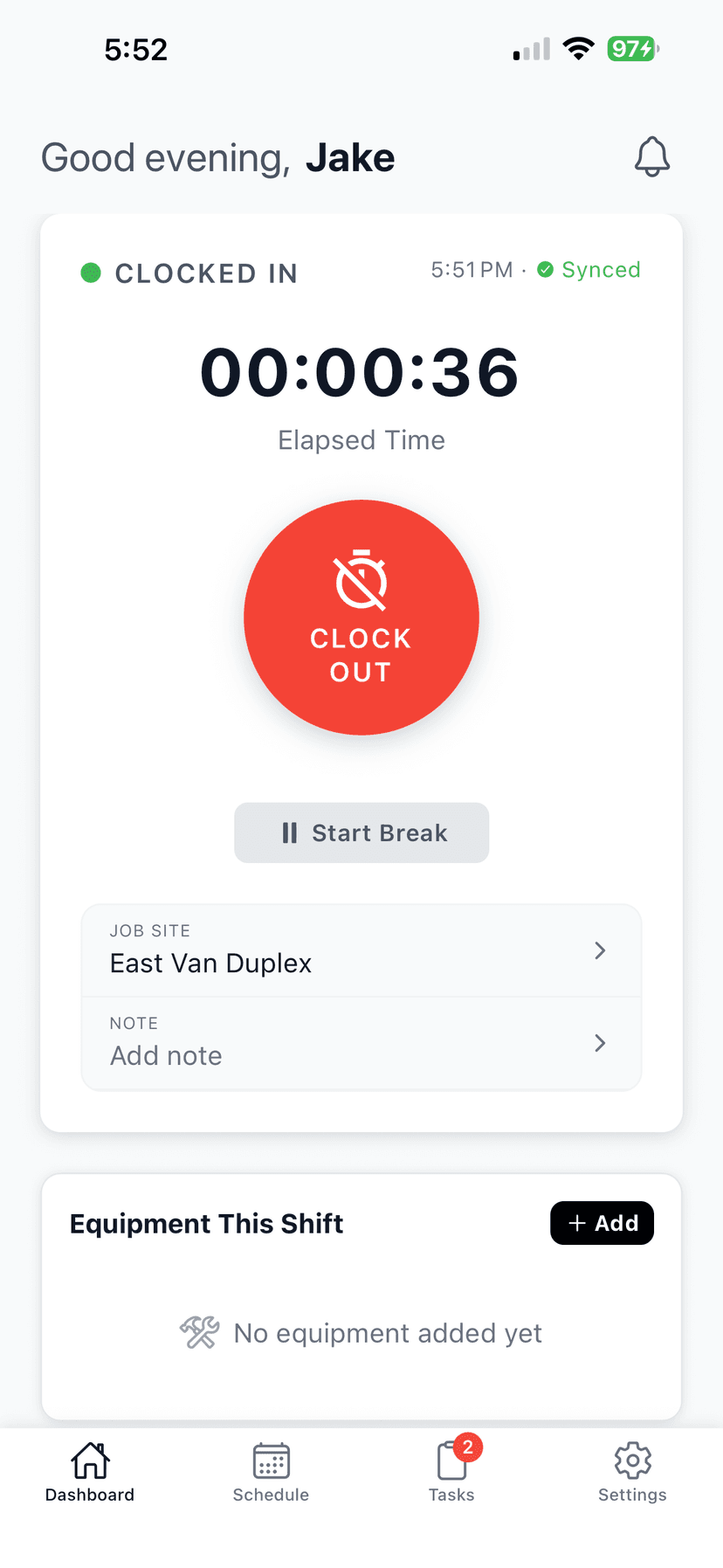 WorkxPro mobile app — one-tap clock in from the job site
