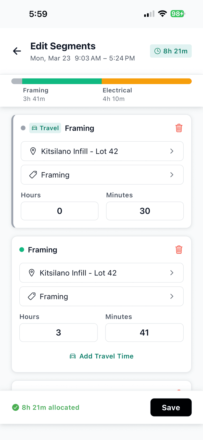 WorkxPro segment editor — split a shift across multiple job sites and cost codes
