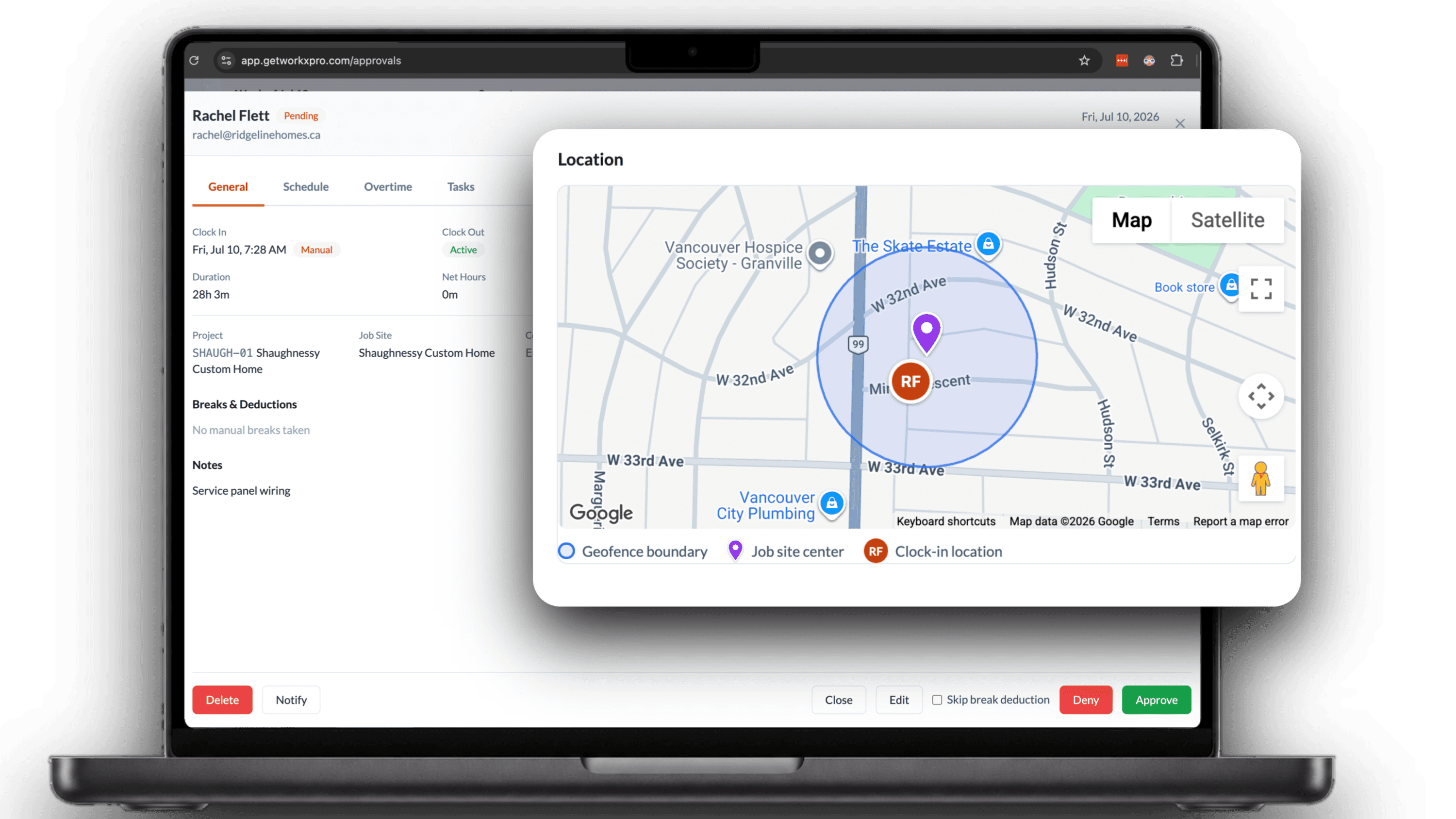 WorkxPro time entry detail on a laptop with a Location map showing the clock-in location, the job-site center, and the geofence boundary, confirming a GPS-verified punch