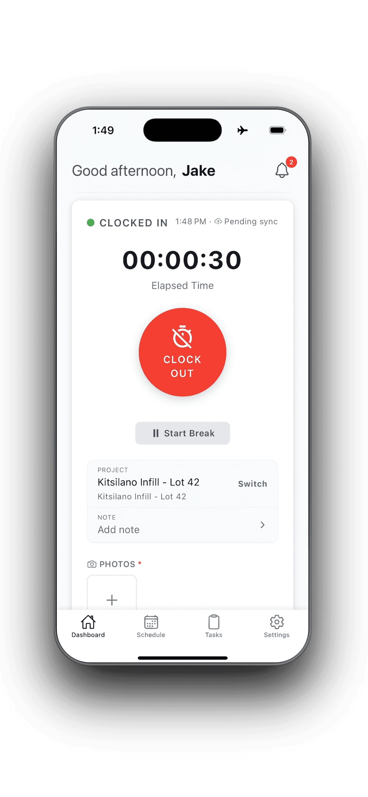 WorkxPro mobile app clocked in while offline: the status bar shows airplane mode and the entry reads Pending sync, saved on the phone until signal returns