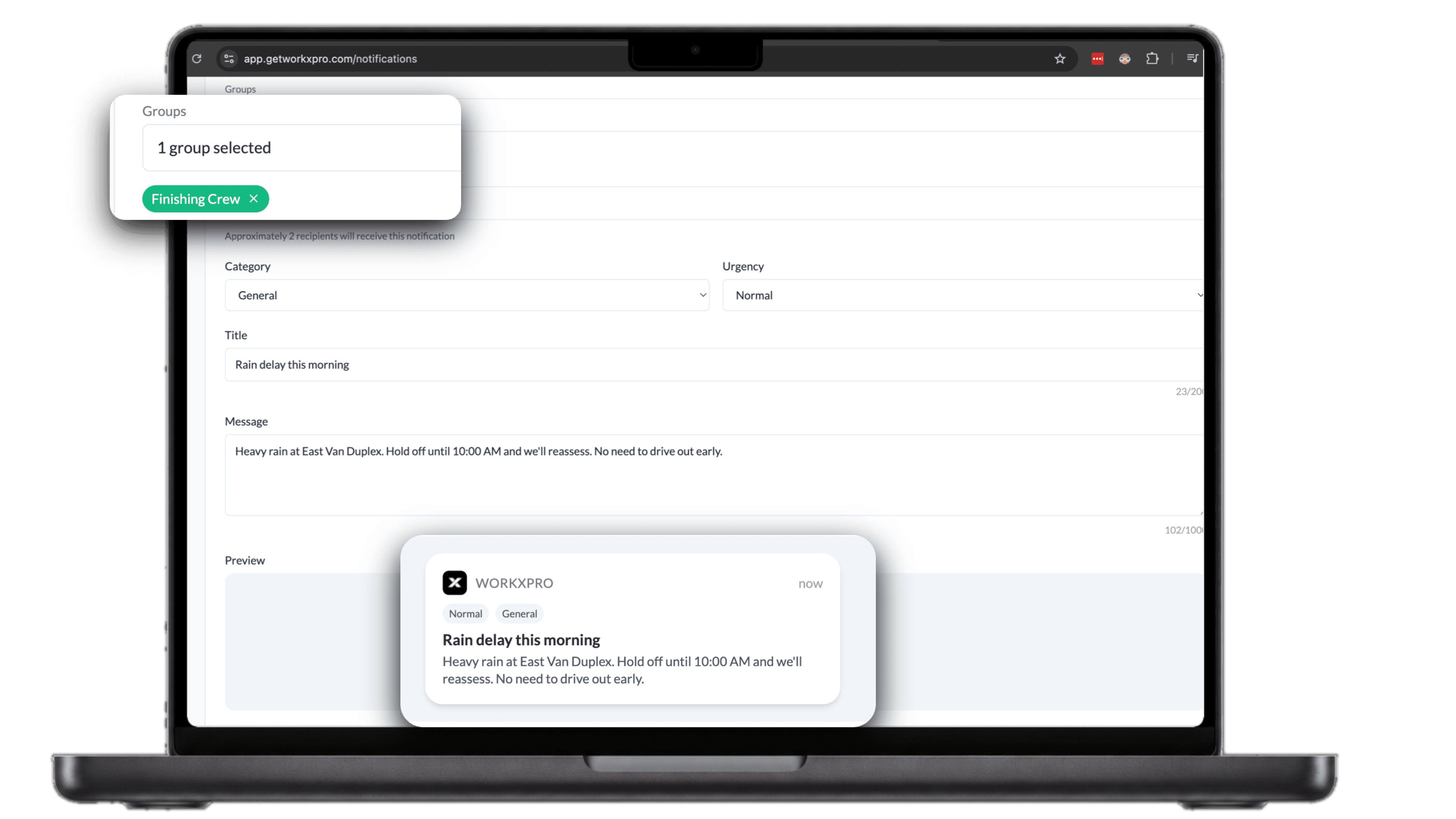 WorkxPro notification compose screen with recipients, category, title, message, and a live push preview