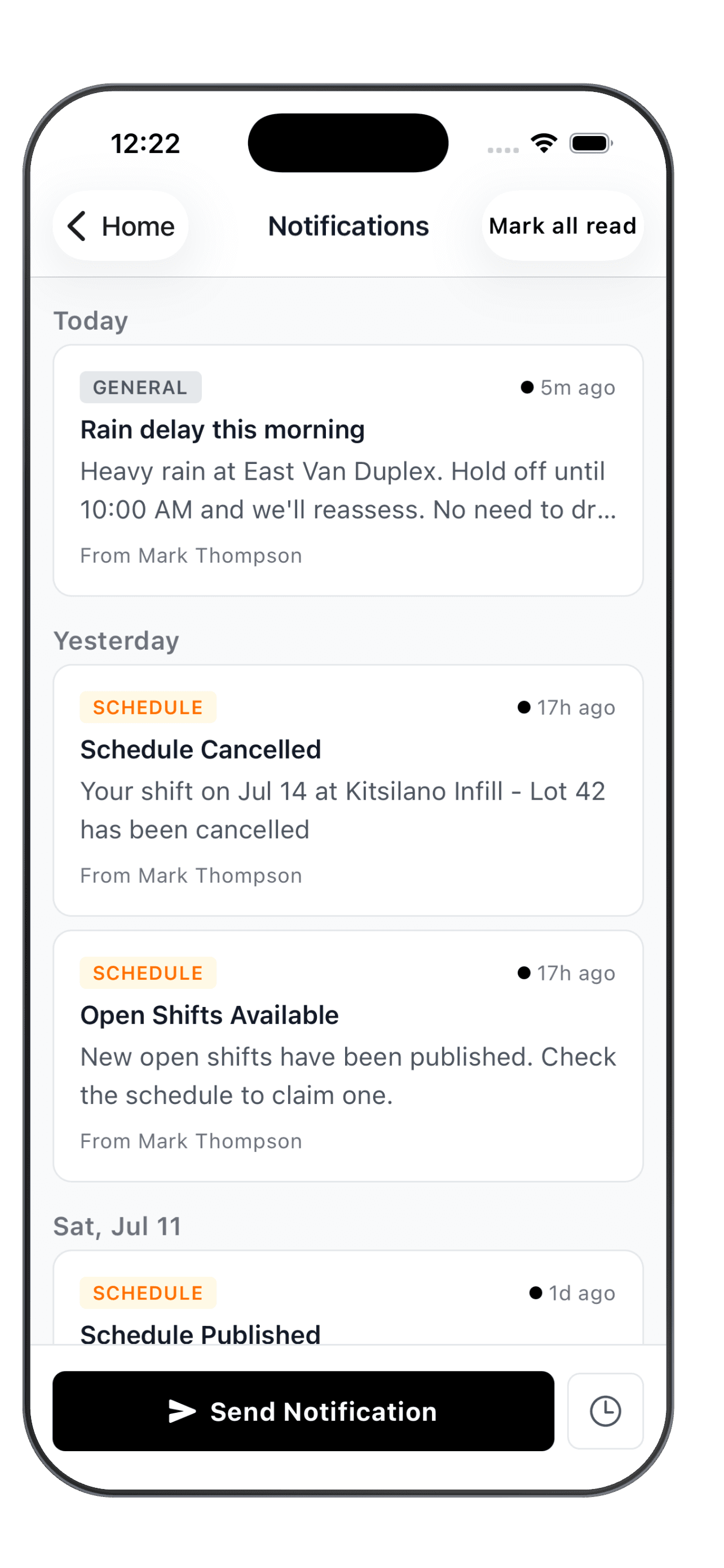 WorkxPro in-app notifications feed with recent messages from the office