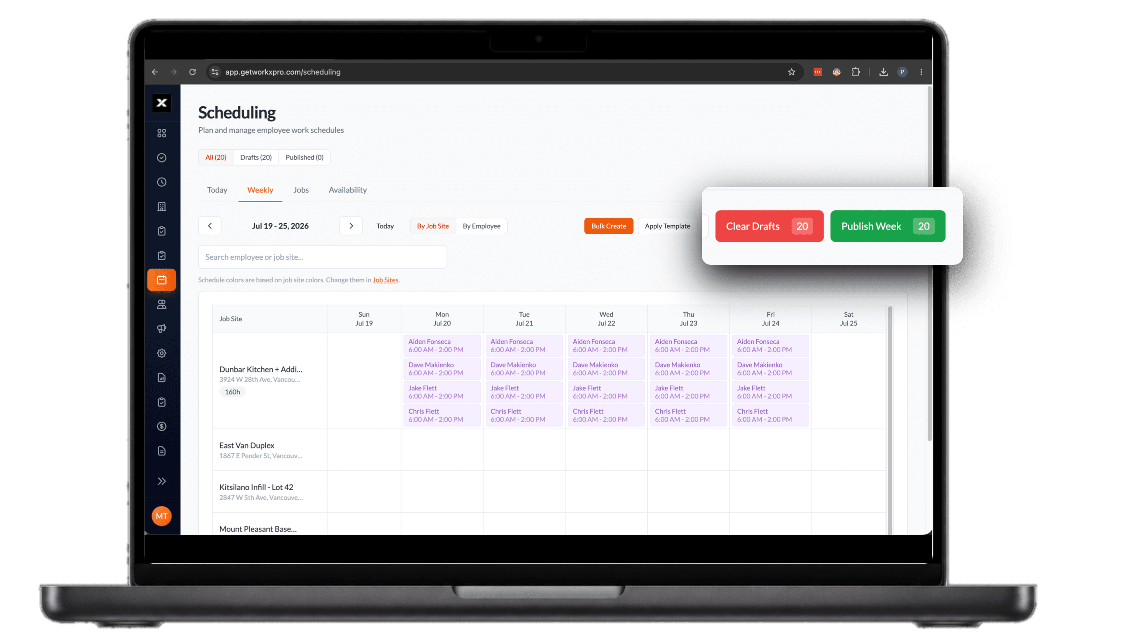 WorkxPro scheduling with a week of draft shifts and Clear Drafts and Publish Week buttons