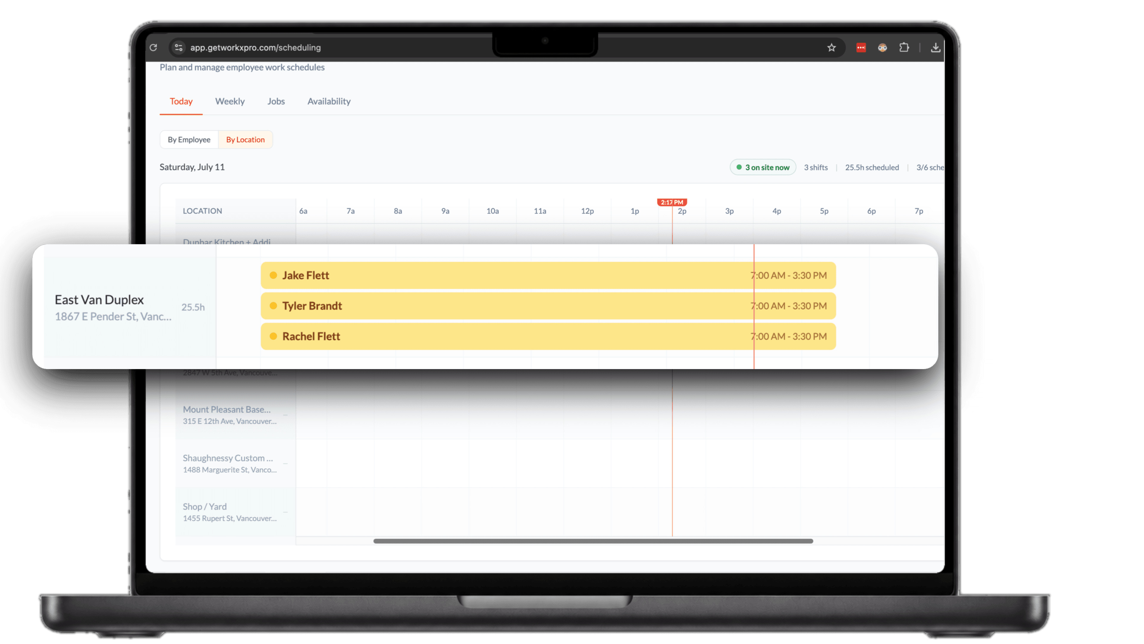WorkxPro today view laid out by location on a timeline, showing who is scheduled at each job site and who is on site now