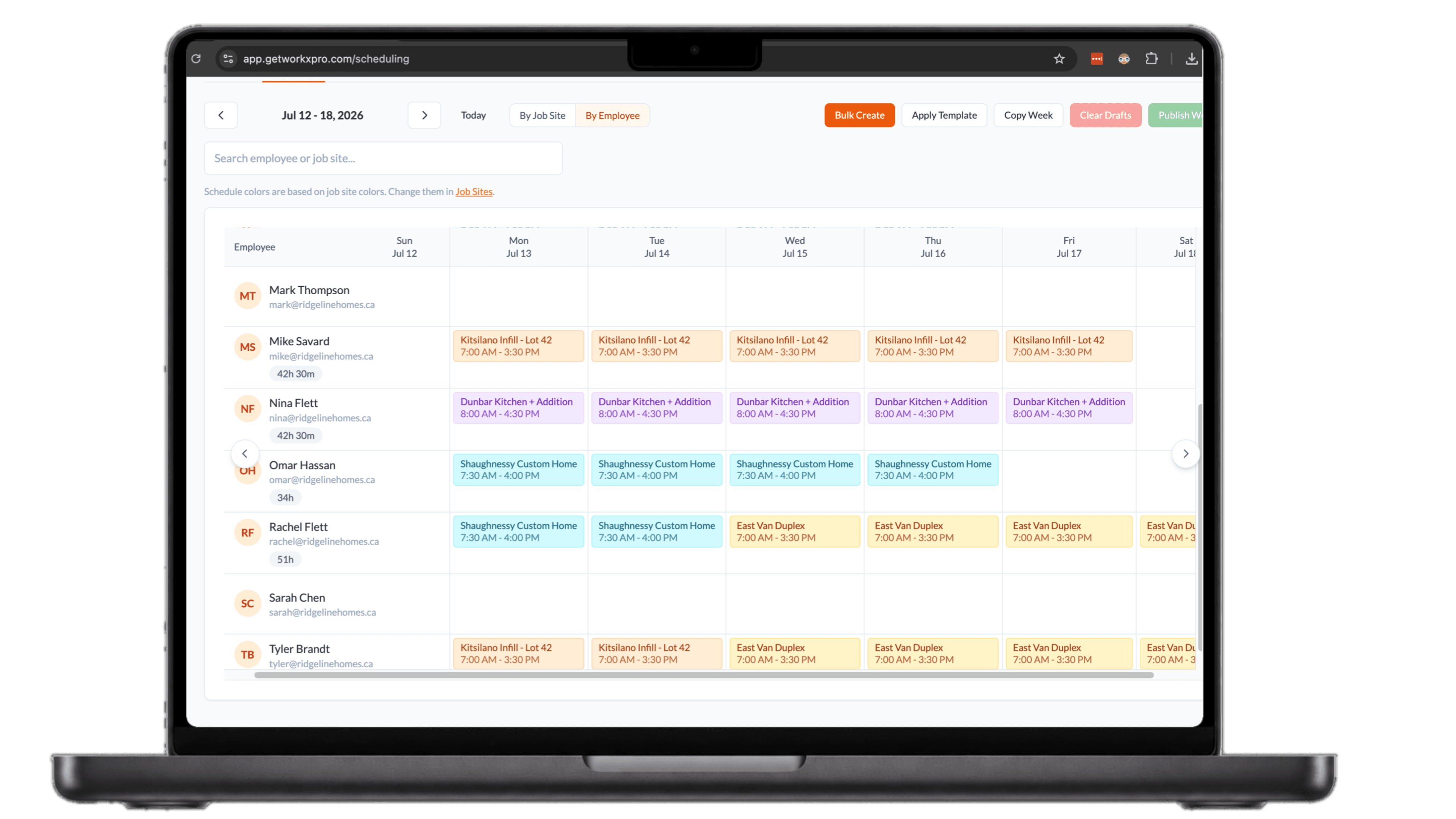 WorkxPro weekly schedule with employees as rows and Sunday through Saturday columns, color-coded by job site with weekly hour totals