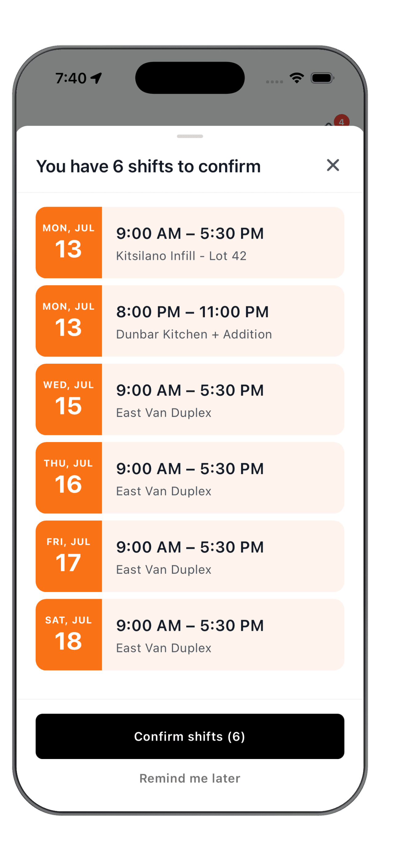 WorkxPro mobile prompt listing six shifts to confirm with a Confirm shifts button and a Remind me later link