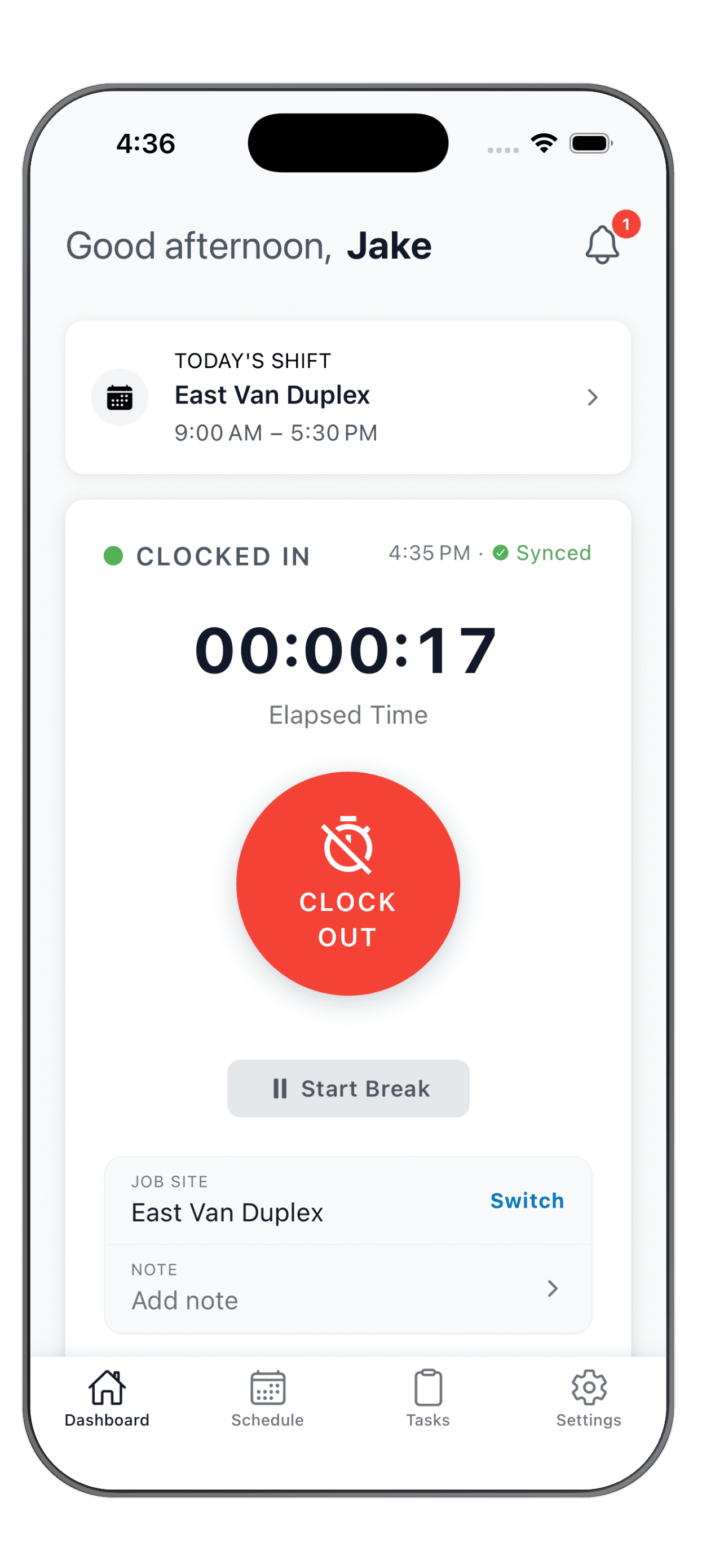 WorkxPro mobile home screen with a Today's Shift card showing the job site name and times