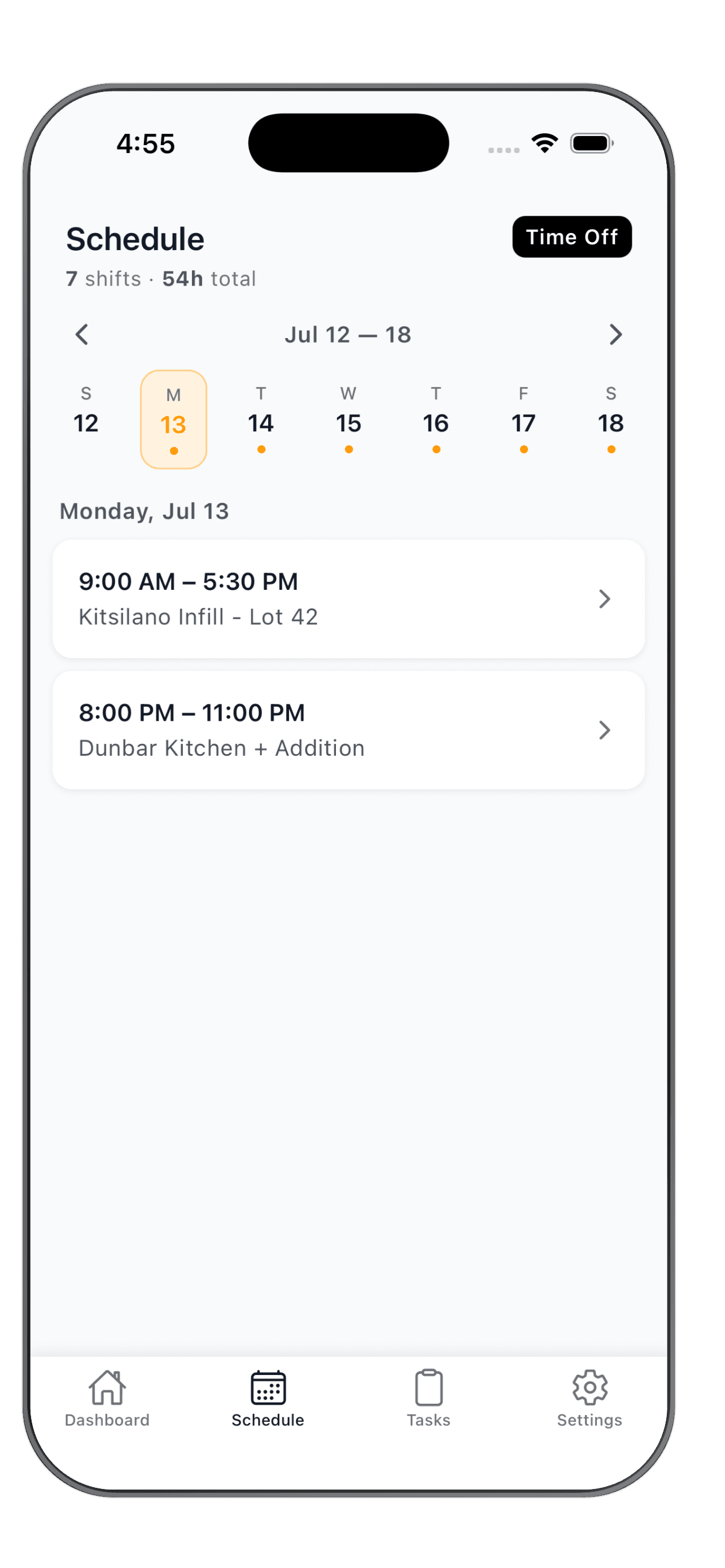 WorkxPro mobile schedule for the week with the selected day's shifts