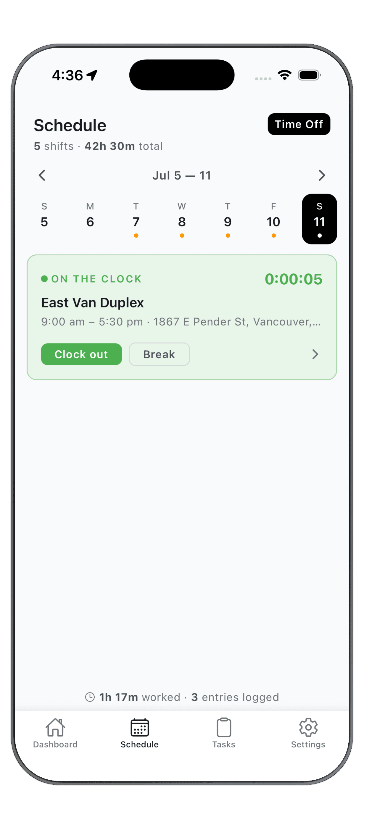 WorkxPro mobile schedule screen showing the week's shifts and the current on-the-clock shift