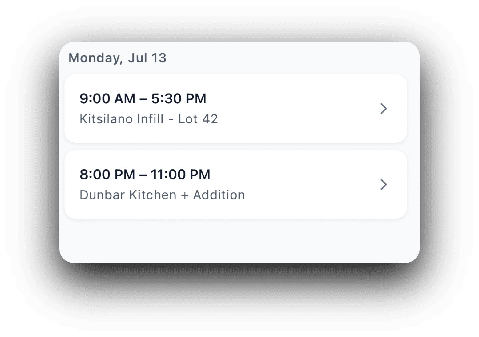 Zoomed schedule for Monday July 13 with two shifts at Kitsilano Infill and Dunbar Kitchen