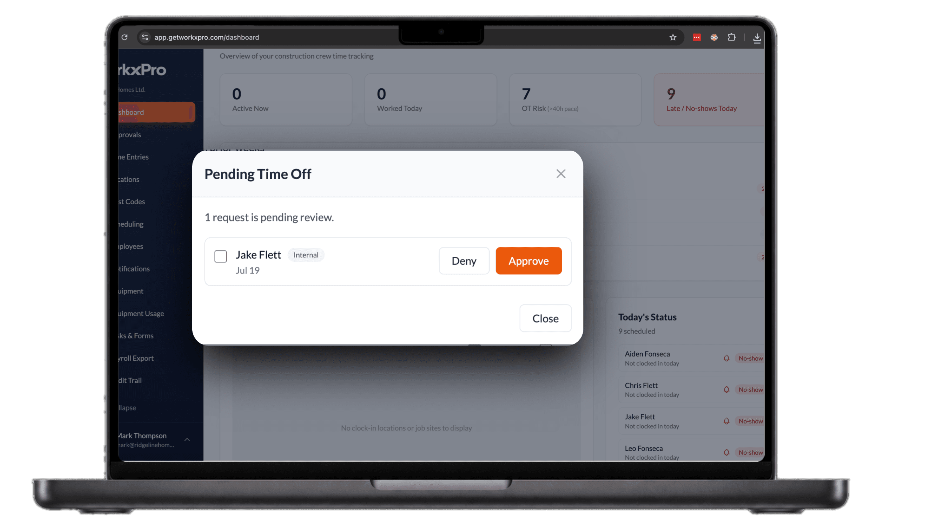 WorkxPro dashboard with a Pending Time Off review showing a request to approve or deny