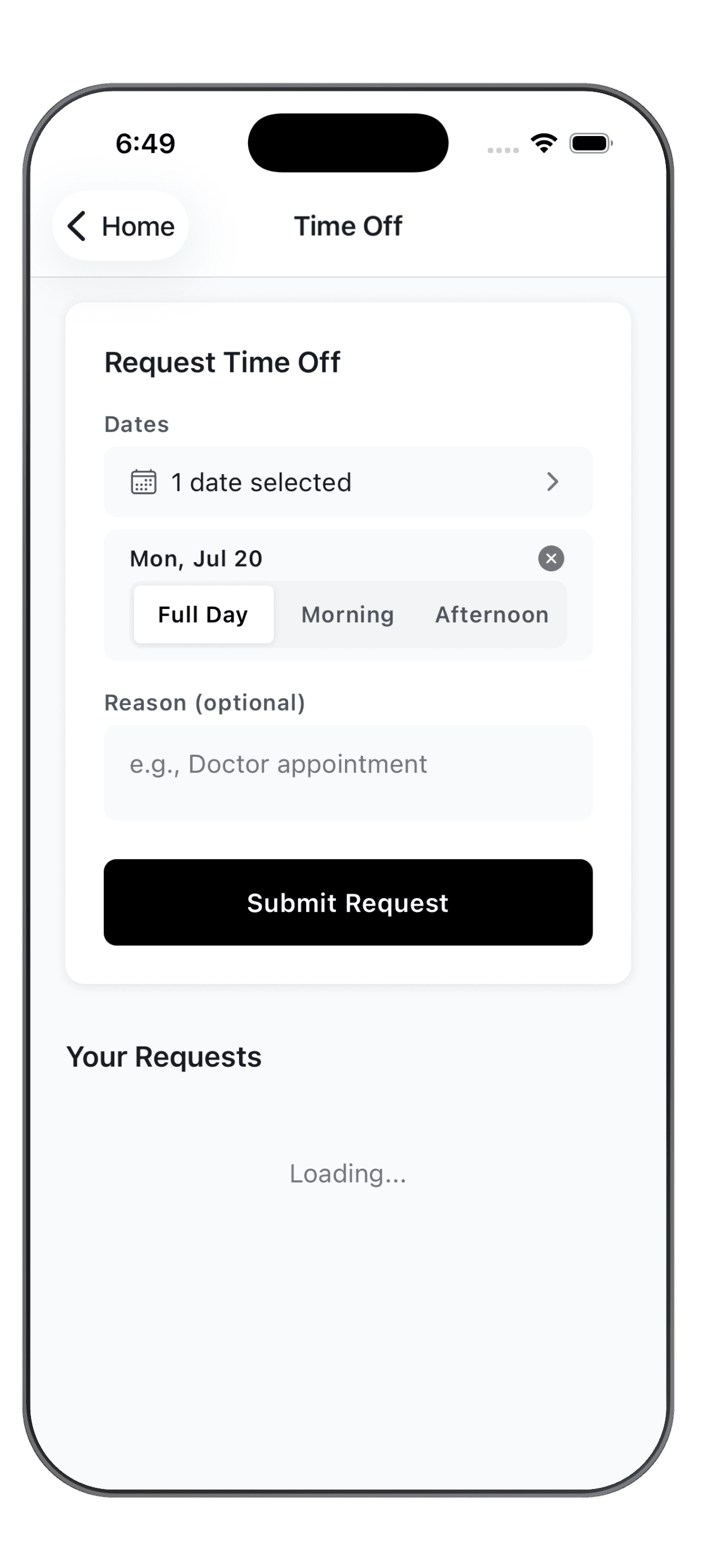 WorkxPro mobile Request Time Off screen with date, full or part day, and a reason