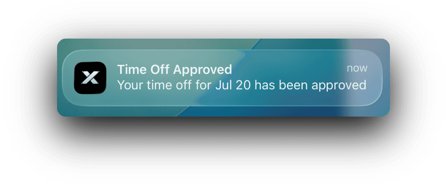 Push notification: Time Off Approved, your time off for Jul 20 has been approved