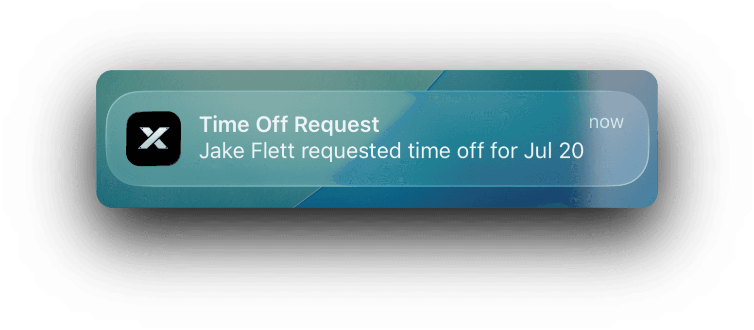 Push notification: Time Off Request, Jake Flett requested time off for Jul 20