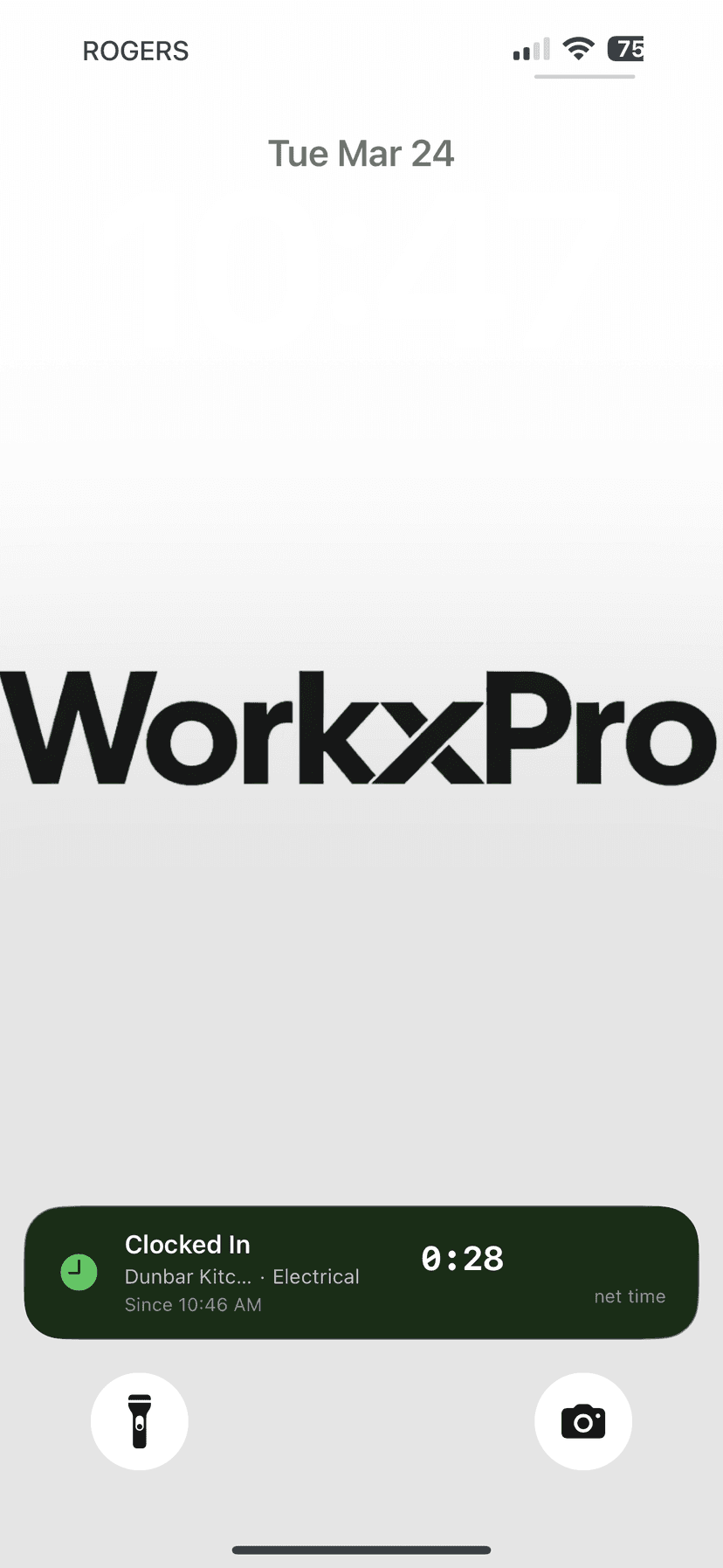 iPhone lock screen showing Live Activity — Clocked In at Dunbar Kitchen, Electrical, 0:28 timer