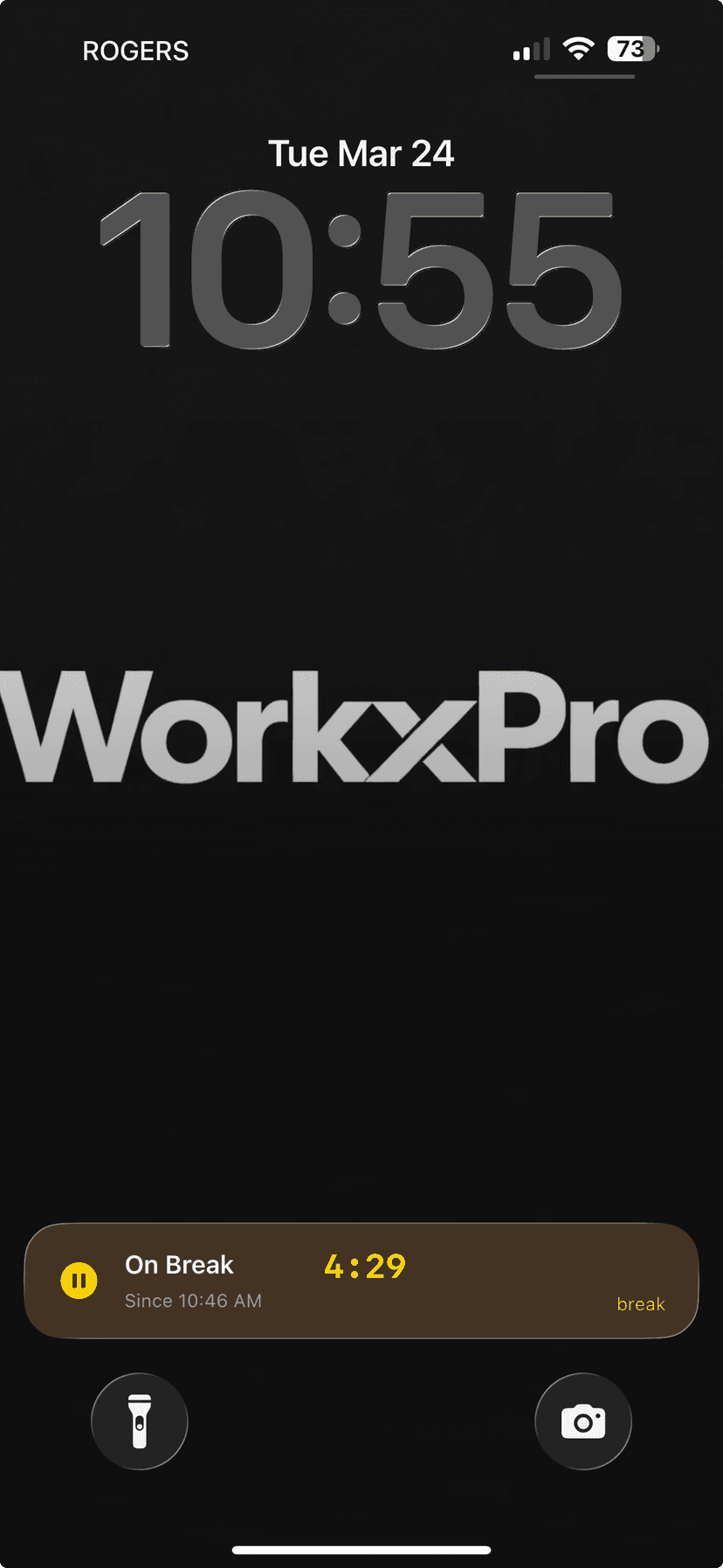 iPhone lock screen showing Live Activity — On Break with 4:29 timer