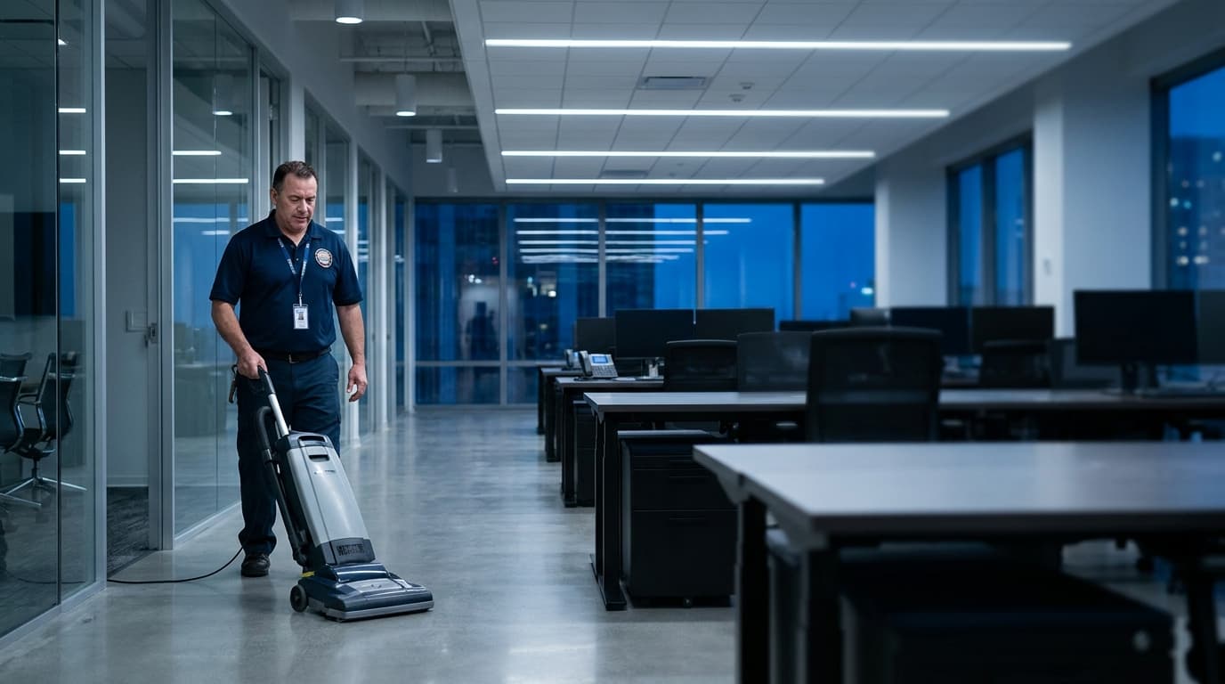 Commercial cleaner working a night shift in an office building
