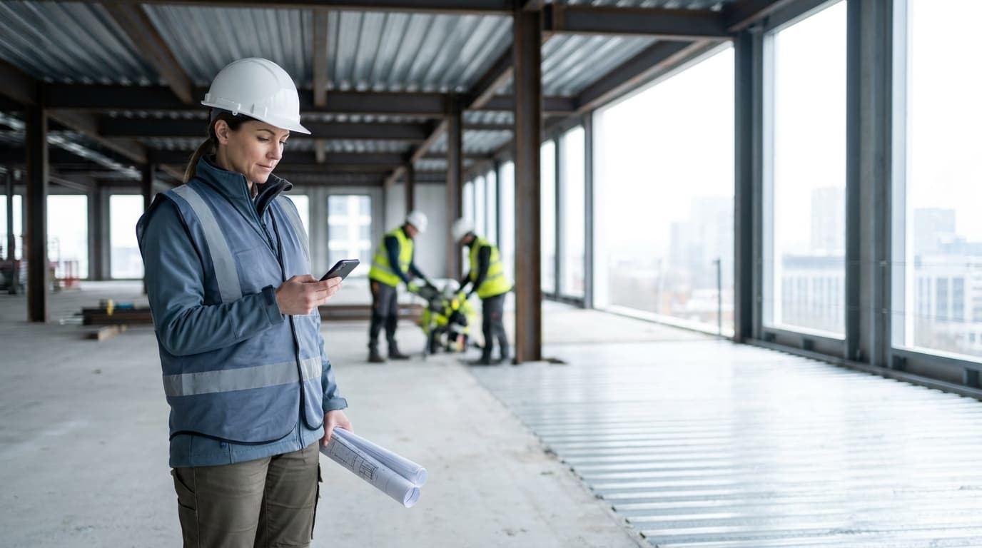 Construction supervisor checking crew hours on a phone at an active job site