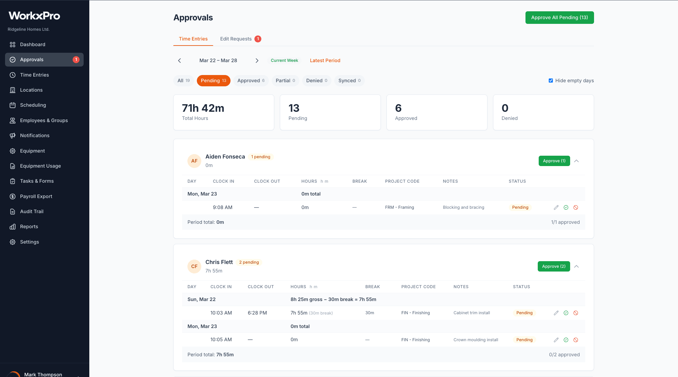 WorkxPro approval dashboard — review and approve time entries before payroll