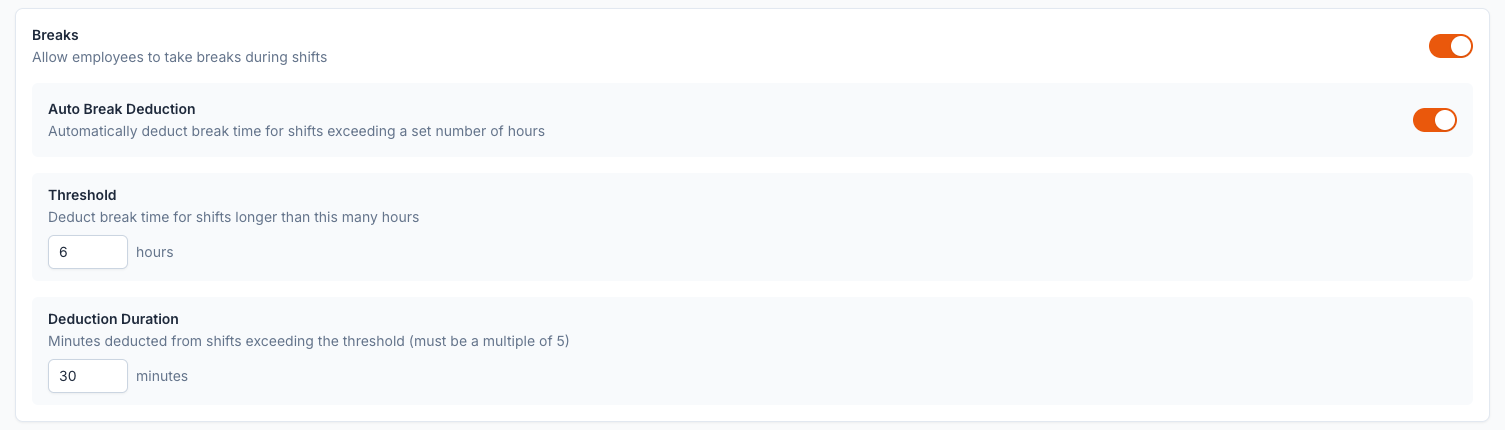 Break deduction settings in the WorkxPro admin portal showing threshold hours and deduction minutes